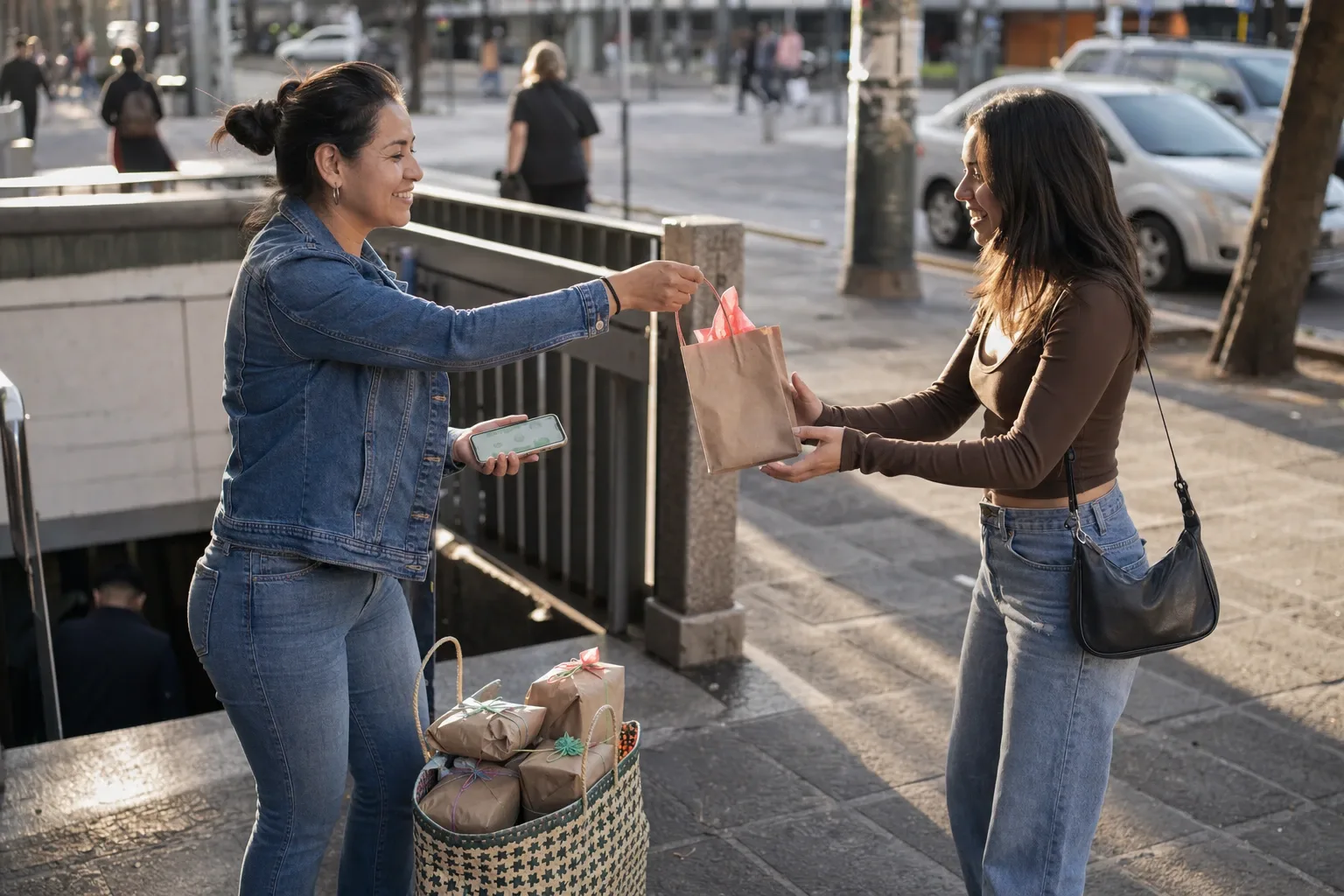Ella saliendo del edificio con la bolsa de rafia llena de paquetes sellados para la salida del día