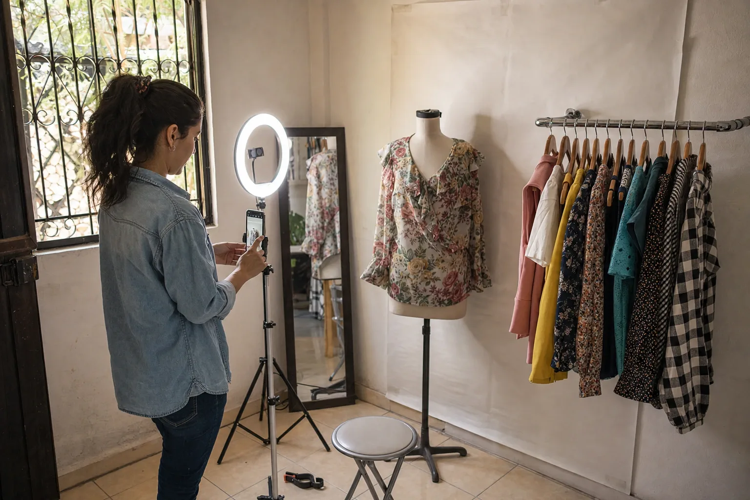 Esquina de fotos en la casa: fondo liso pegado a la pared, aro de luz, espejo de cuerpo completo y maniquí sin cabeza