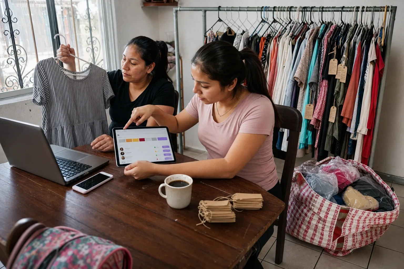 Cuarto de la casa con el rack de tubo galvanizado lleno de ropa por color, las cajas y las bolsas del centro abajo