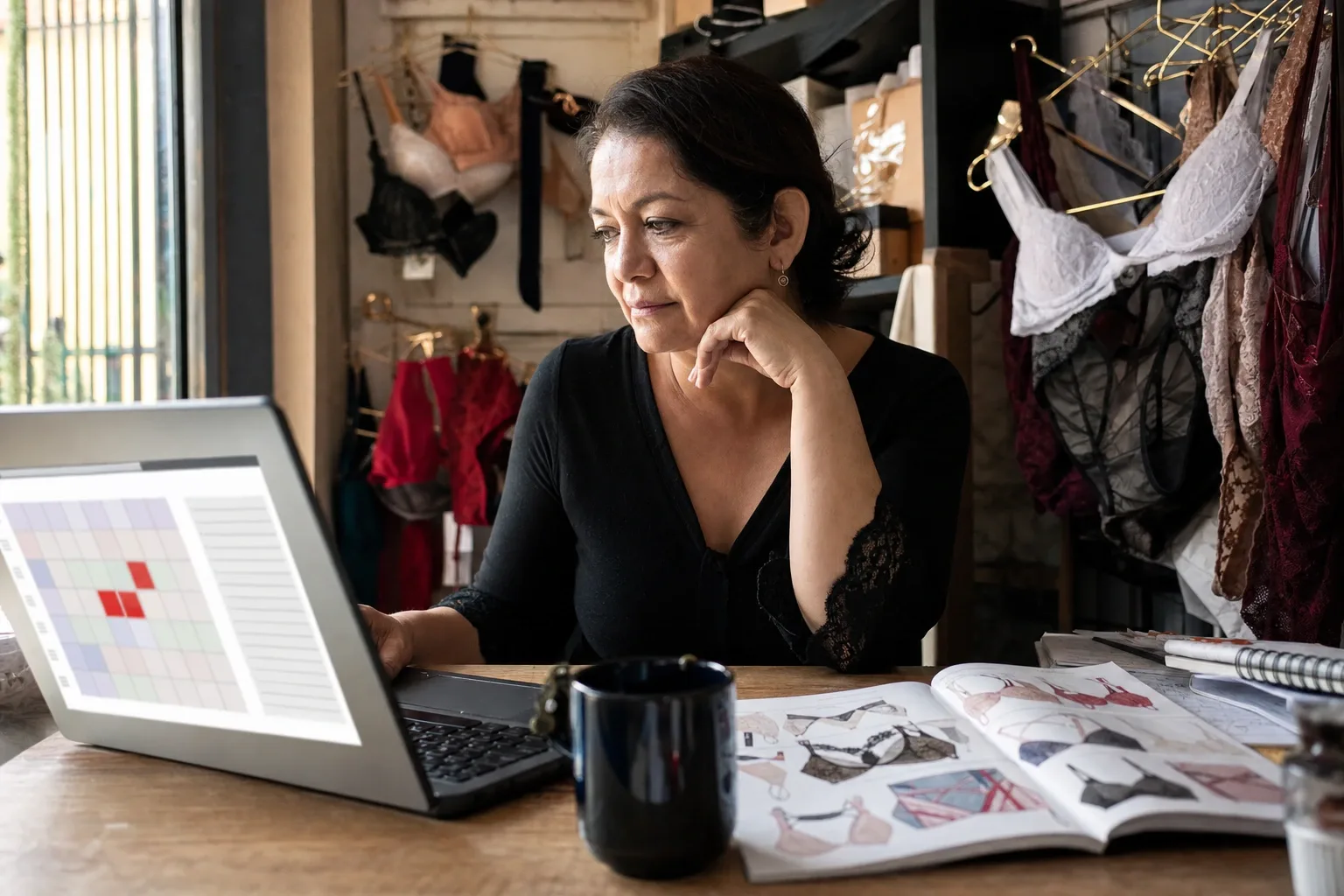 Dueña de una tienda de lencería revisando en su laptop la cuadrícula con los huecos del centro antes de pedir