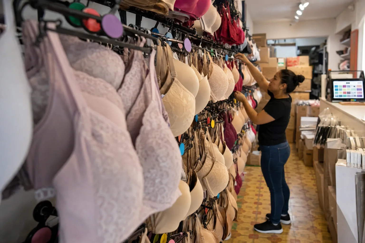 La pared de brasieres de una tienda de lencería en ganchos por número y copa