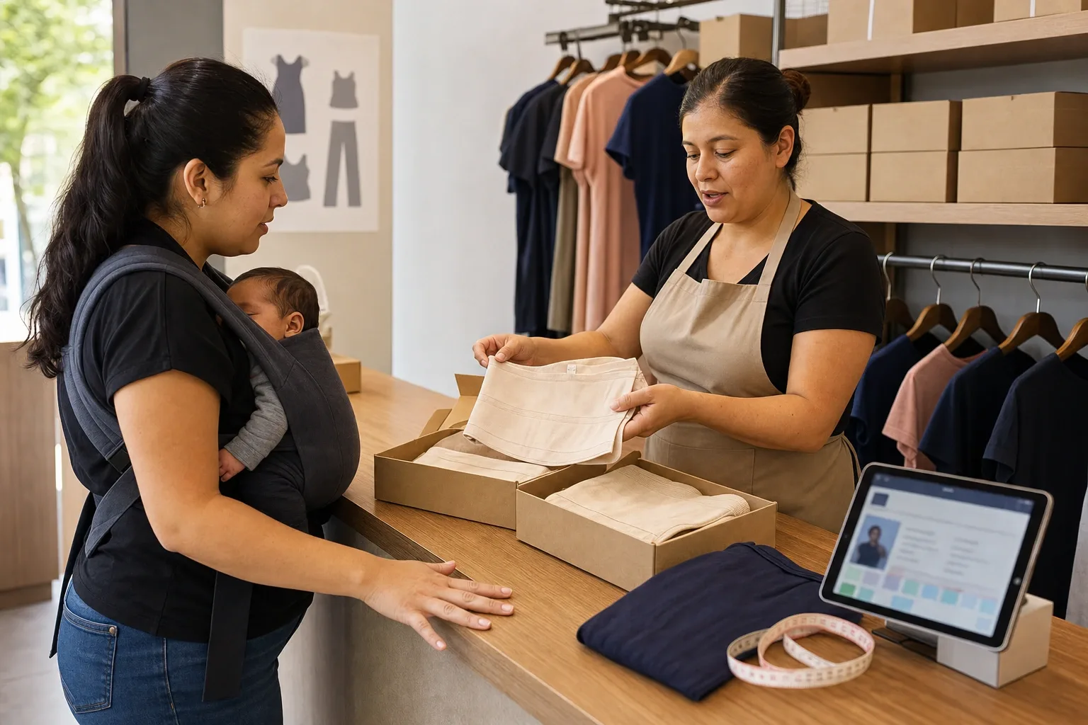 Mamá recién aliviada recogiendo en el mostrador sus blusas de doble capa y su segunda faja, en una boutique de maternidad