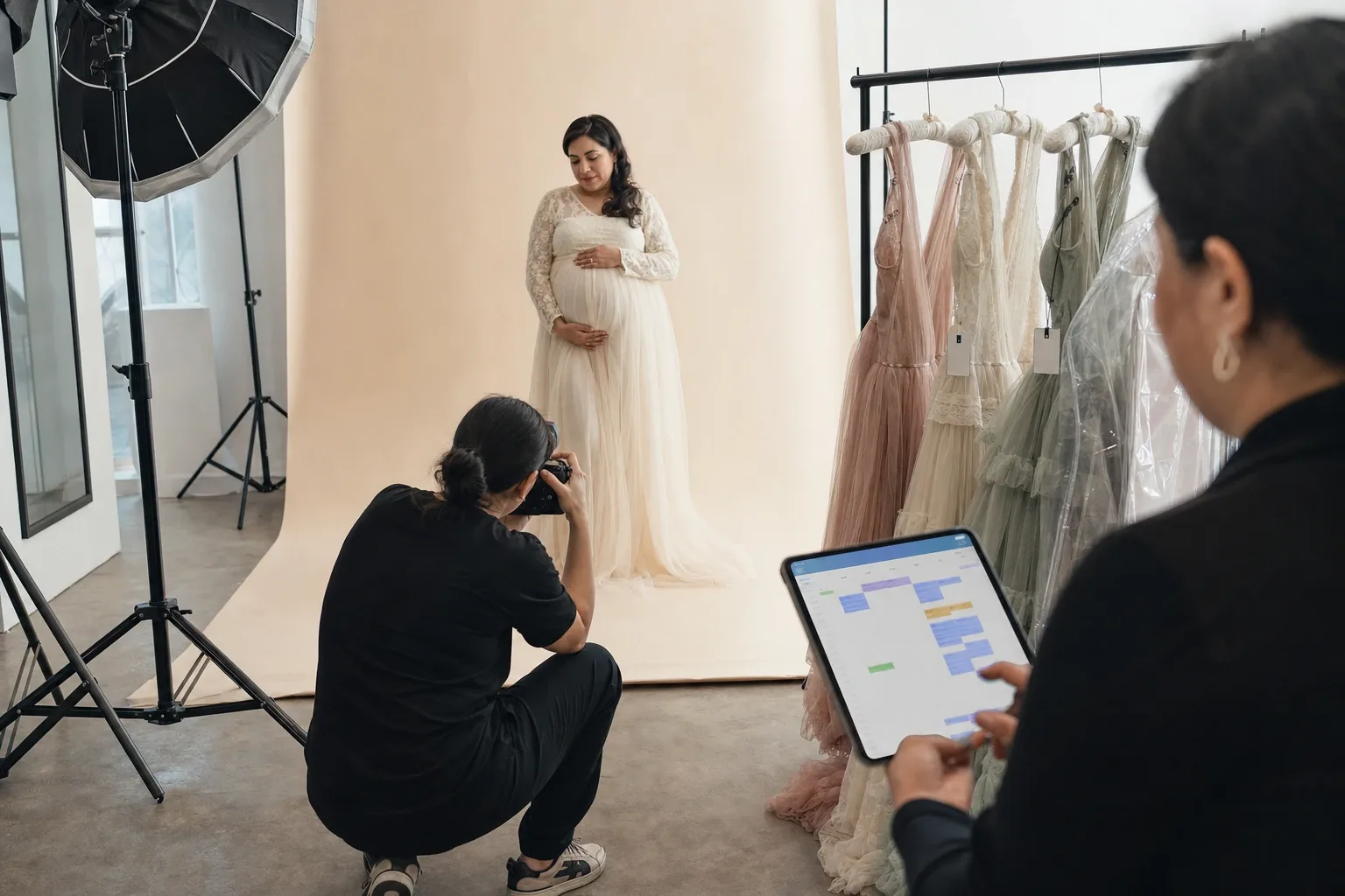 Sesión de maternidad en un estudio, con la clienta en el vestido largo rentado y otro vestido en funda marcado para tintorería