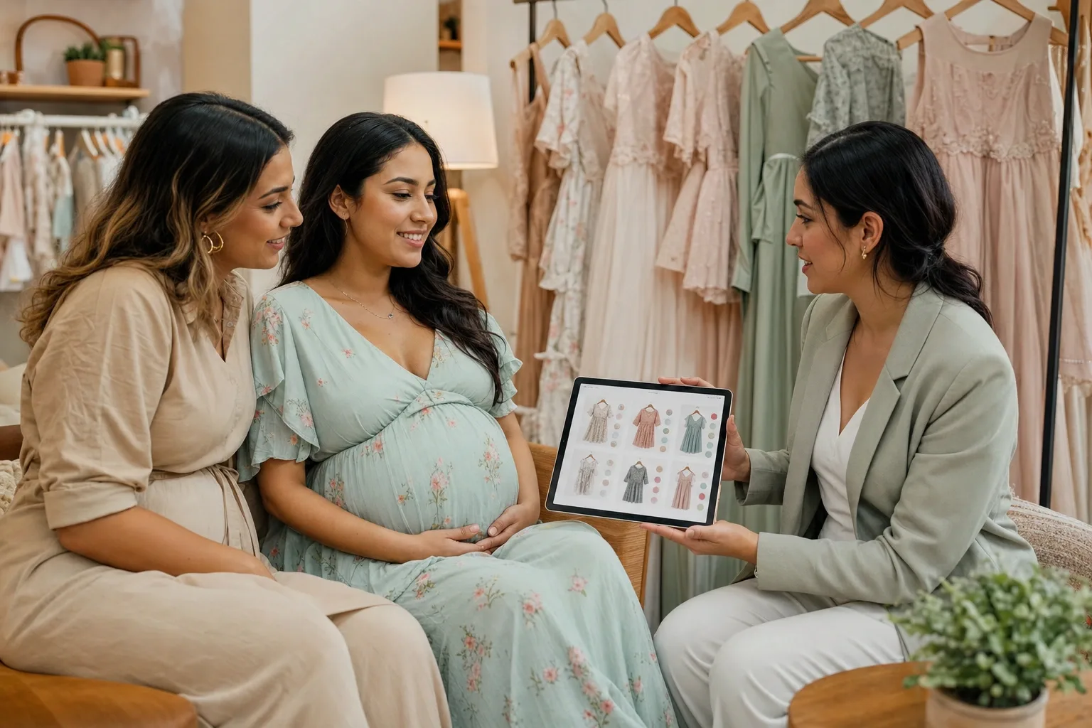 Clienta embarazada de siete meses eligiendo con la empleada lo que va en su mesa de regalos del baby shower, en una boutique de maternidad