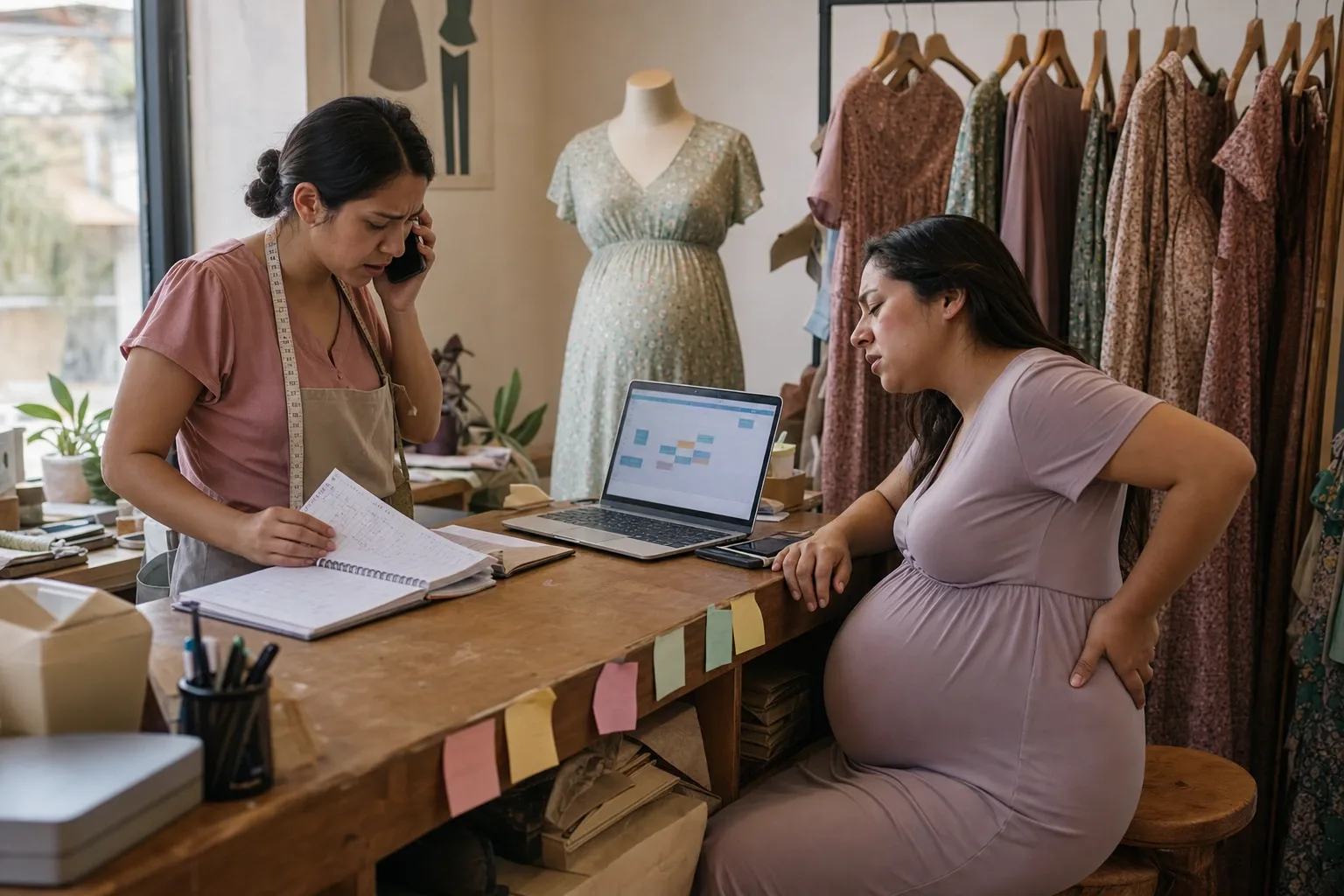 Vendedora de una boutique de maternidad buscando en la libreta en qué semana va su clienta mientras ella espera cansada en el banco del mostrador