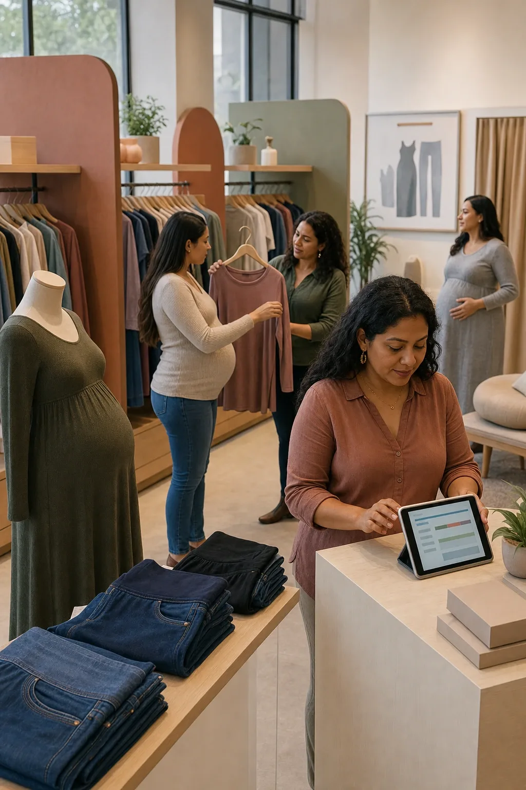 Boutique de maternidad moderna con los racks por trimestre, el maniquí con panza en la entrada y la ficha con fecha en la tablet del mostrador