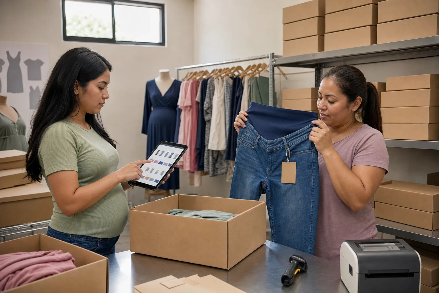 Dos empleadas desempacando la caja del proveedor en la trastienda de una boutique de maternidad