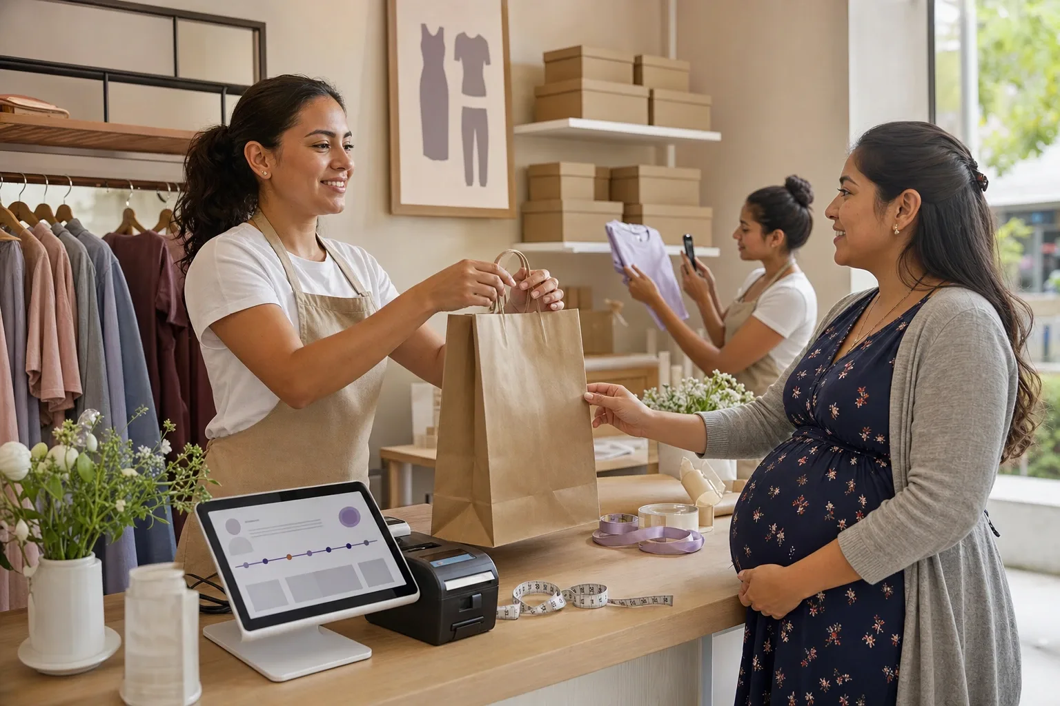 Mostrador de una boutique de maternidad con la tablet, la cinta métrica y la mesa de regalos del baby shower en la esquina