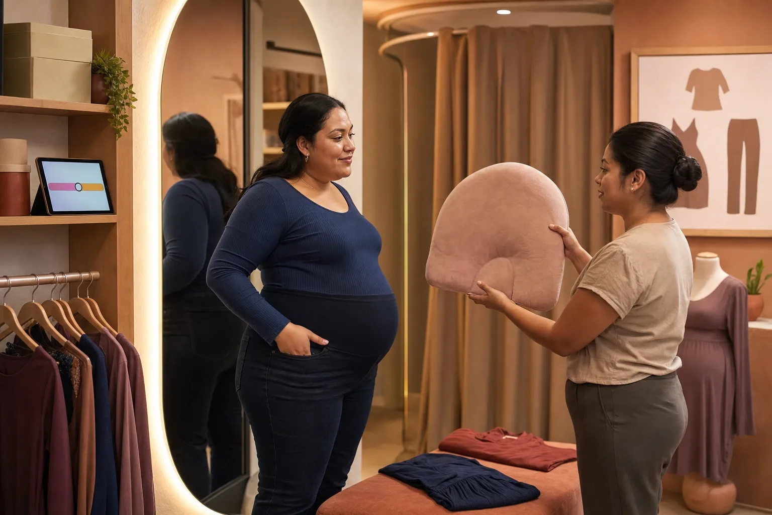 Probador amplio de una boutique de maternidad con banca, espejo de cuerpo completo y el cojín con forma de panza sobre la banca