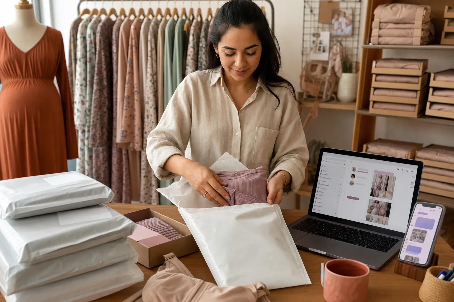 Trastienda de una boutique de maternidad: recepción de la maquila por talla y la mesa de empaque de los envíos a todo el país