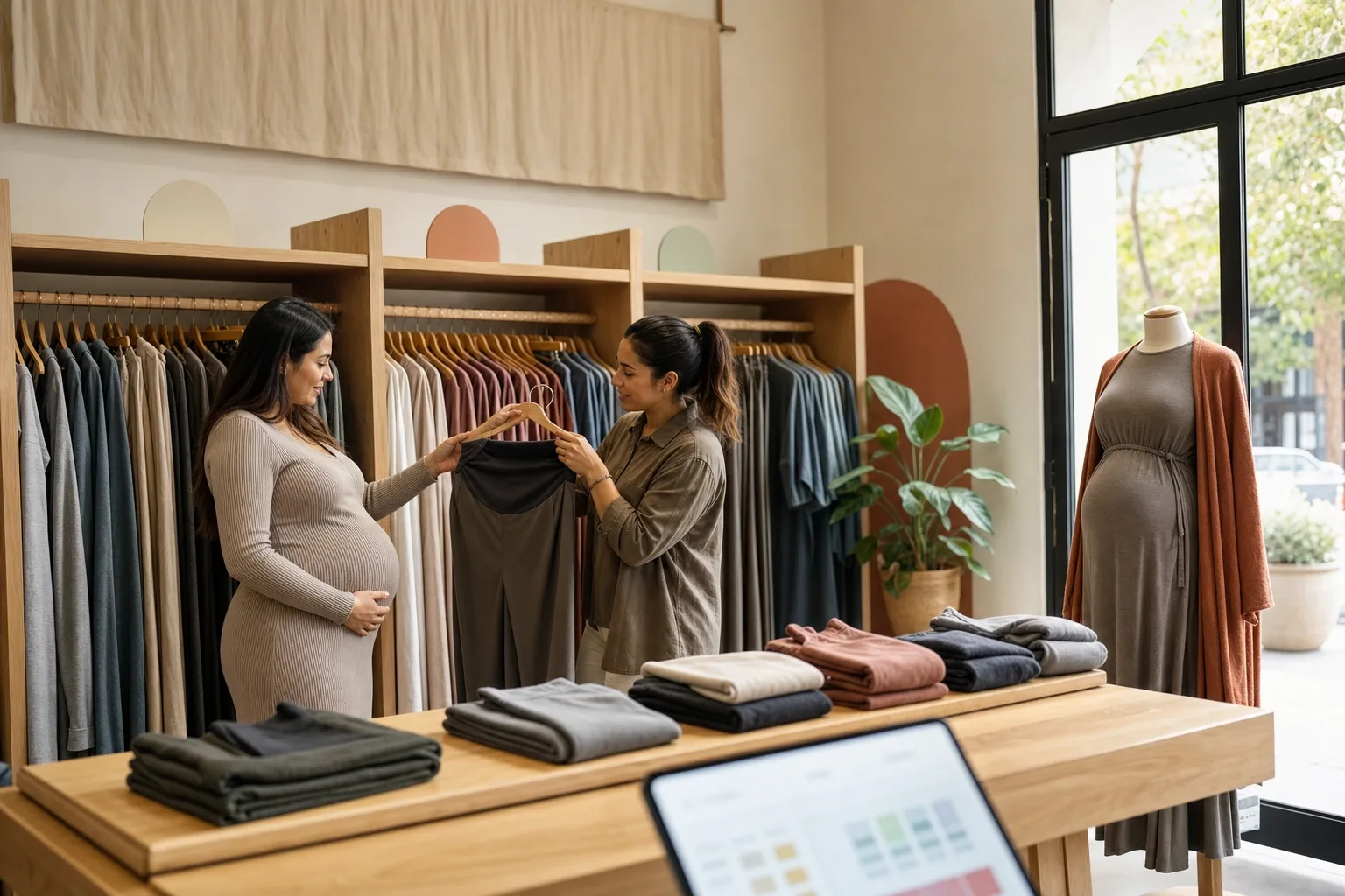Entrada de una boutique de maternidad con el maniquí con panza y tres racks señalizados por etapa