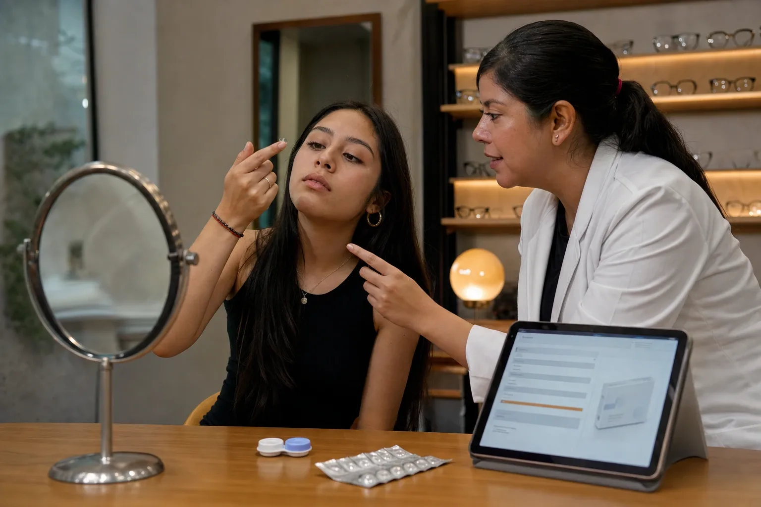 Optometrista entregando su caja de lentes de contacto a un cliente joven en el gabinete de una óptica