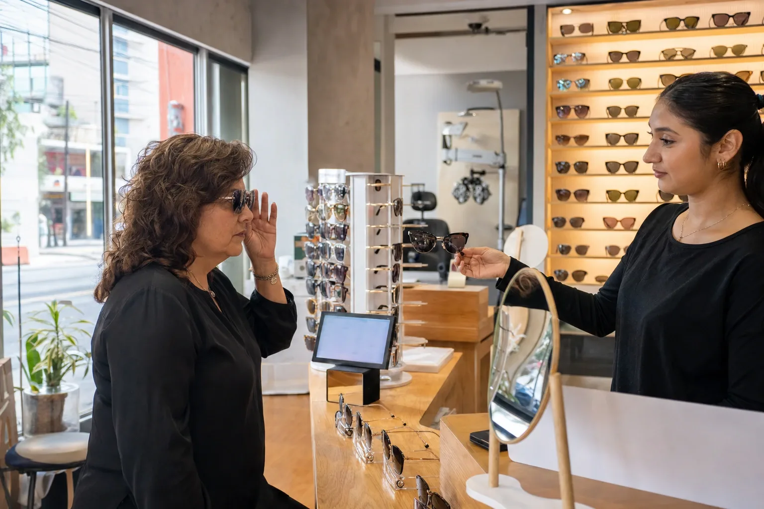 Señora probándose lentes solares graduados frente al exhibidor junto a la ventana de una óptica en primavera