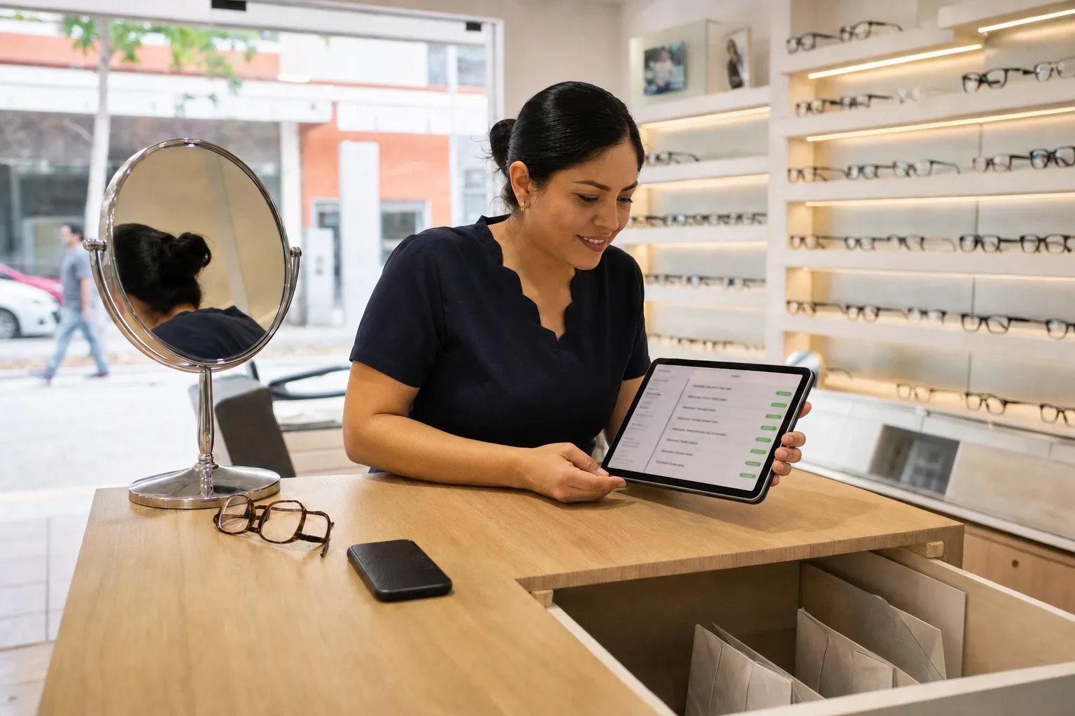 La misma vendedora mostrando en la tablet la orden de trabajo revisada en lensómetro y el aviso de listos por WhatsApp