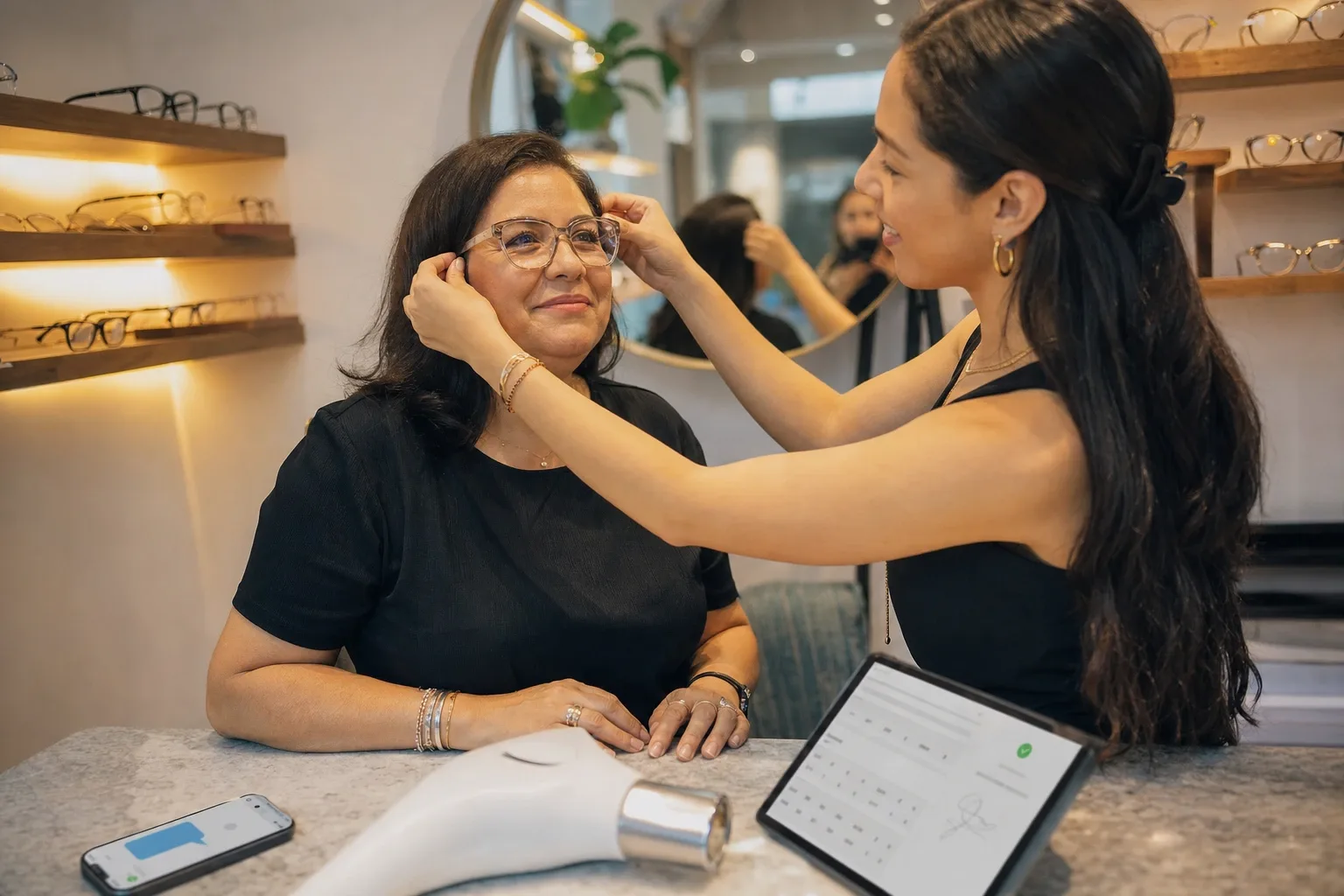 Vendedora ajustando los lentes nuevos en la cara del cliente con el calentador y recabando la firma del acuse