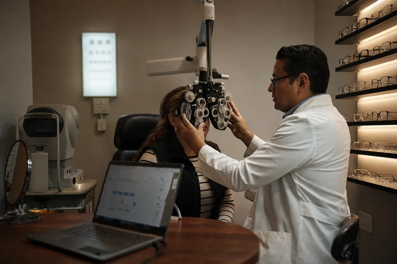 Optometrista tomando la graduación con el foróptero mientras el expediente se captura en la computadora del gabinete