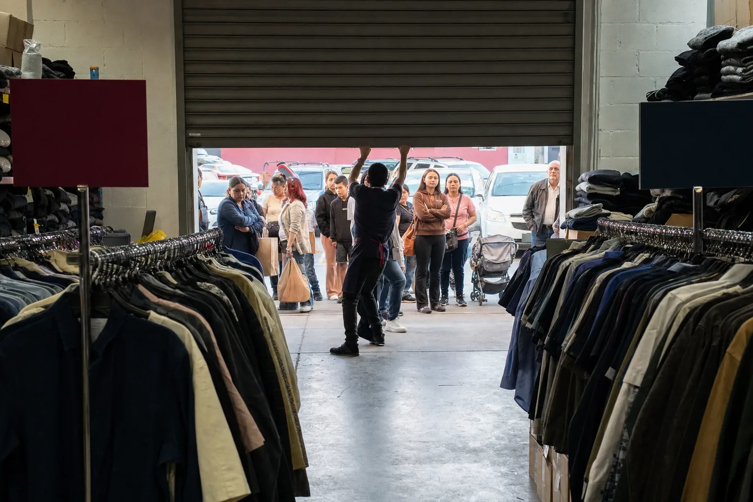 Caja rápida de un outlet en sábado, con la fila de clientes cargando montones de piezas y la encargada escaneando etiquetas