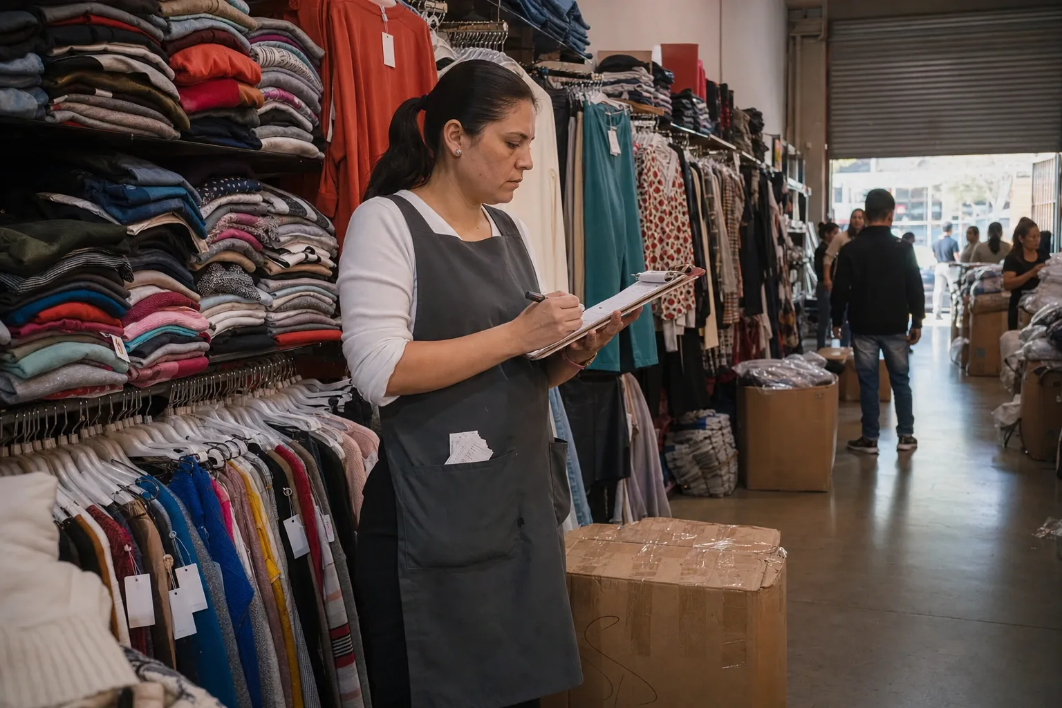 Encargada de un outlet revisando con marcador y portapapeles la lista del lote contra las etiquetas escritas a mano
