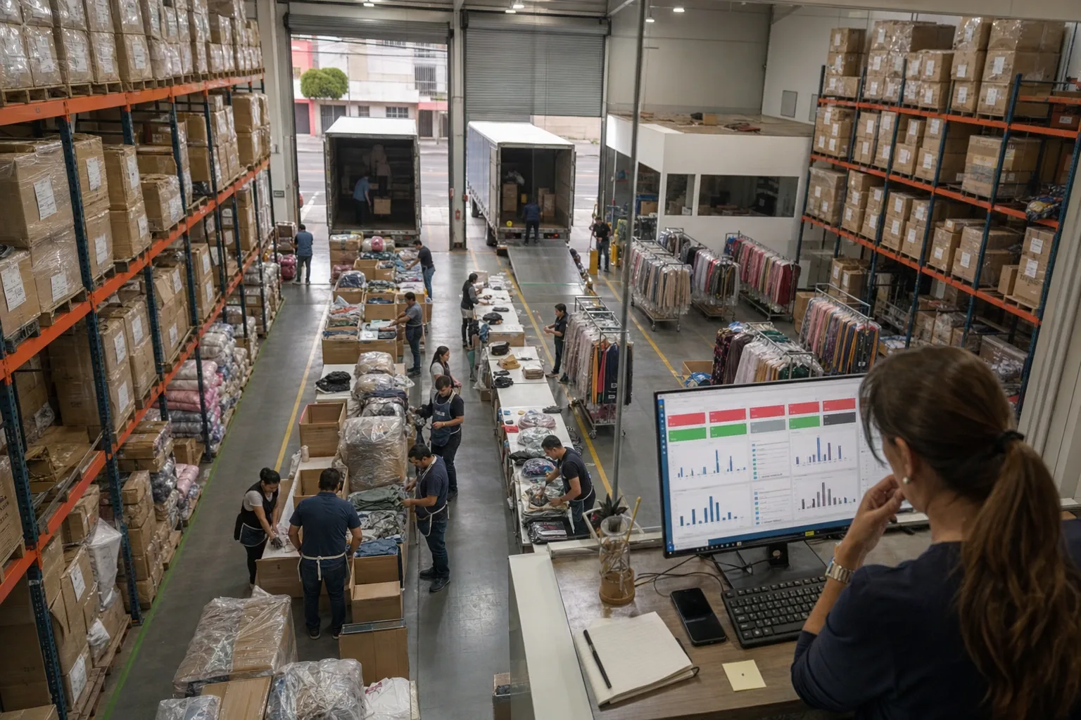 Centro de distribución de una cadena de outlet con las líneas de clasificación y los lotes repartidos por sucursal