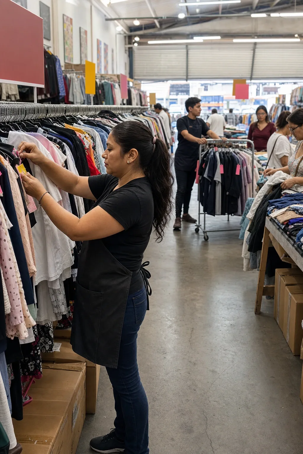 Piso de un outlet de moda en México con los racks llenos por escalón de precio y la mesa de la revoltura al centro