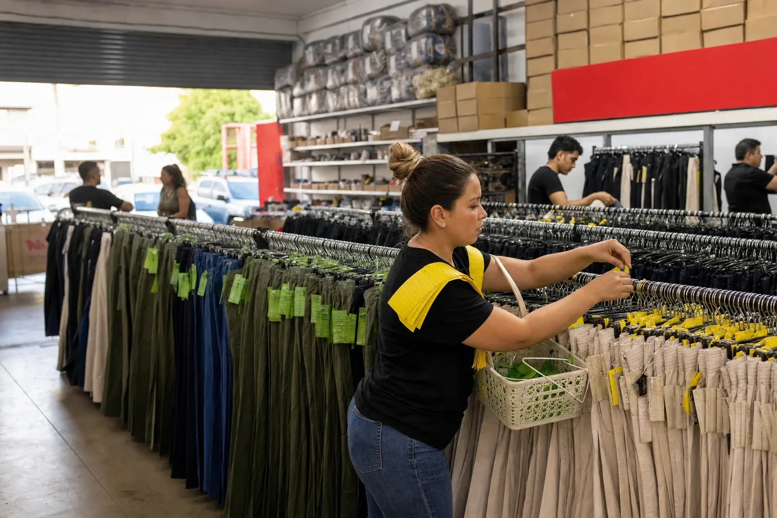Encargada de un outlet cambiando las etiquetas verdes por amarillas en un rack antes de abrir