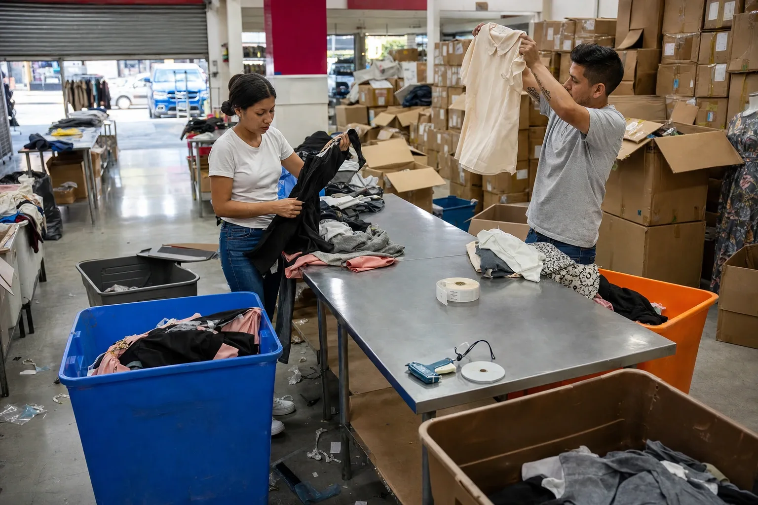 Mesa de clasificación de un outlet con los cuatro botes: primera, segunda, con defecto y para remate