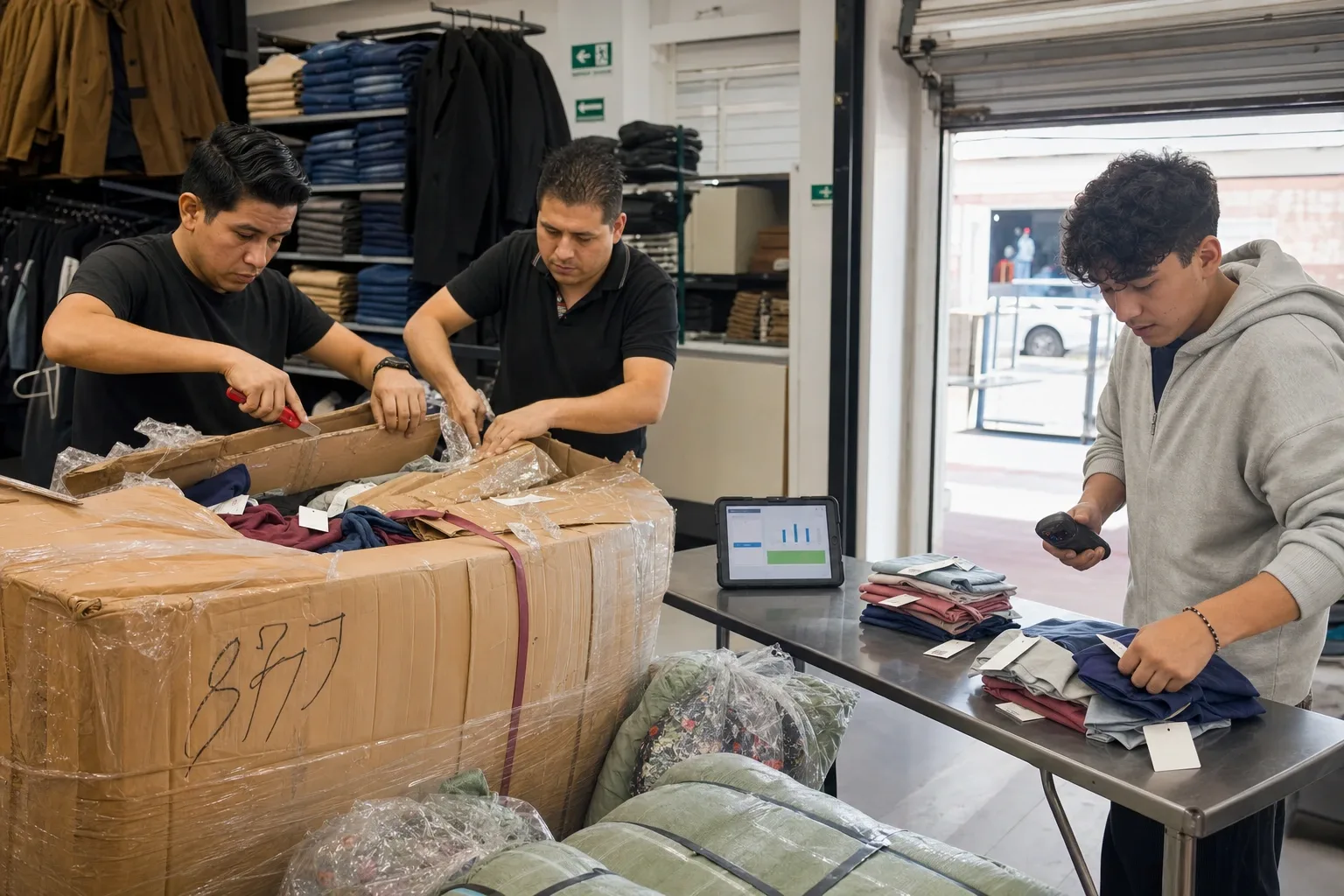Recepción de cajas de cartón selladas con el número de lote escrito con marcador en la bodega de un outlet