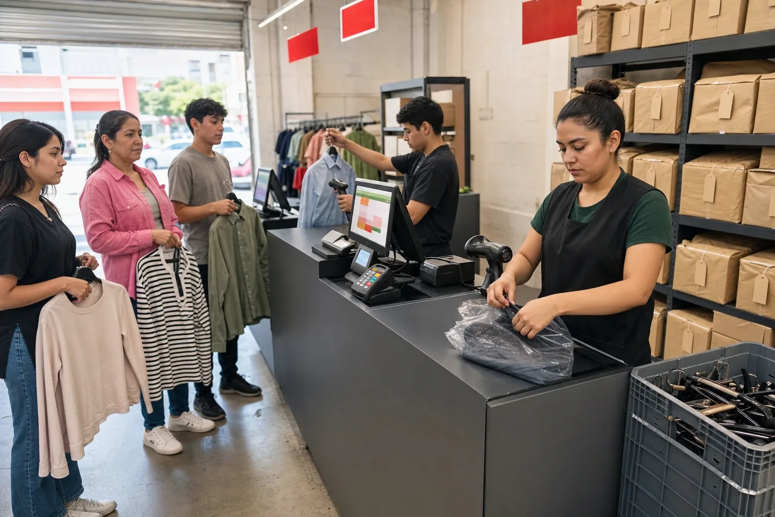 Caja rápida de un outlet con el escáner de mano, la reja de ganchos vacíos y el estante de apartados detrás