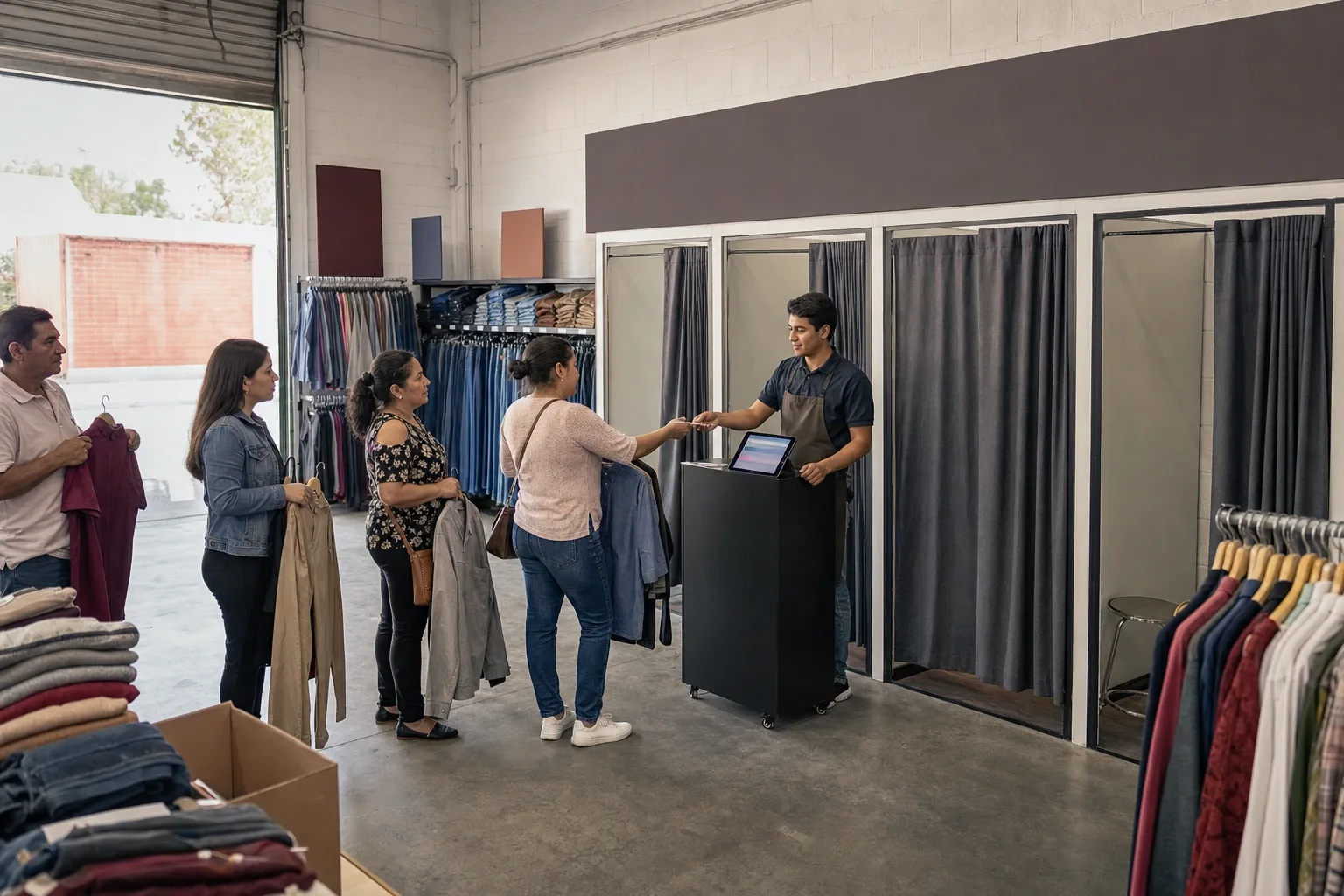 Fila de probadores con cortina en un outlet, el encargado entregando la ficha numerada y contando las prendas