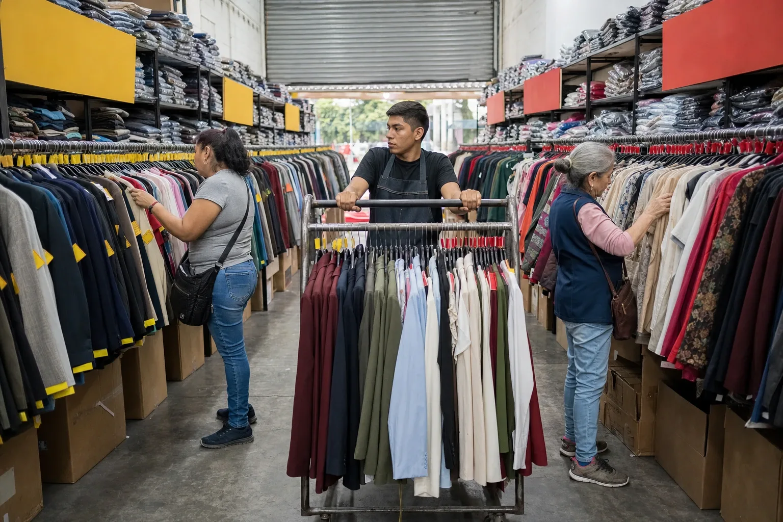 Racks paralelos de un outlet ordenados por precio y por color de etiqueta, tan llenos que los ganchos no corren
