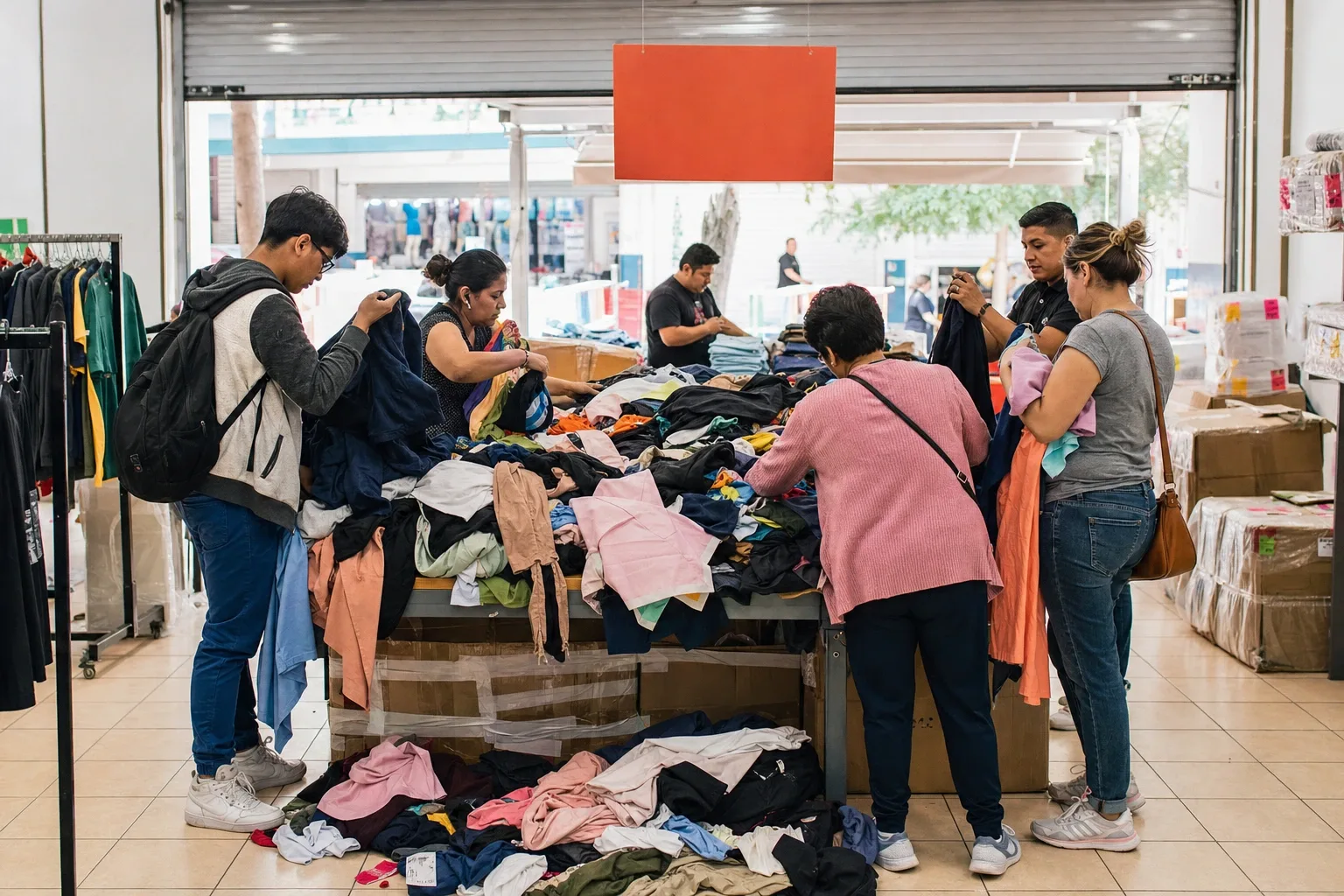 Mesa central de la revoltura en un outlet, con clientes escarbando y el rack de piezas con defecto aparte