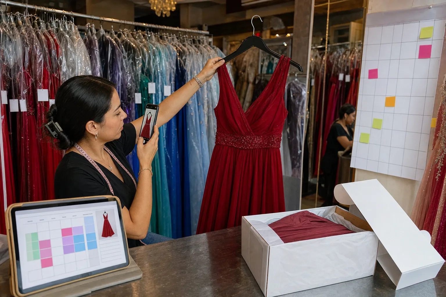 Encargada empacando un vestido en funda para enviarlo por paquetería a una clienta de otra ciudad, con la guía en el celular