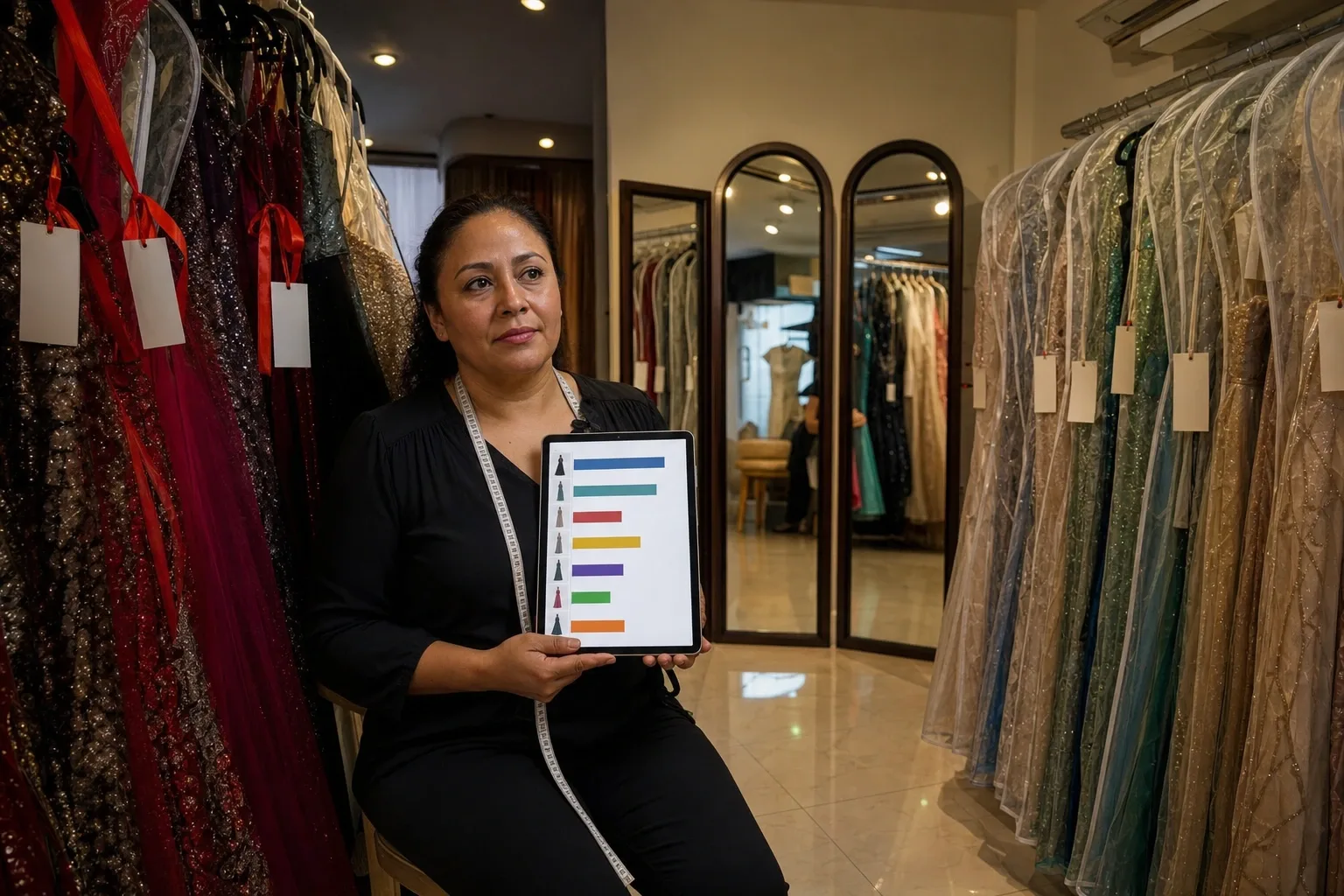 Dueña de una boutique de renta revisando las rentas acumuladas de cada vestido para decidir cuáles pasan al rack de venta
