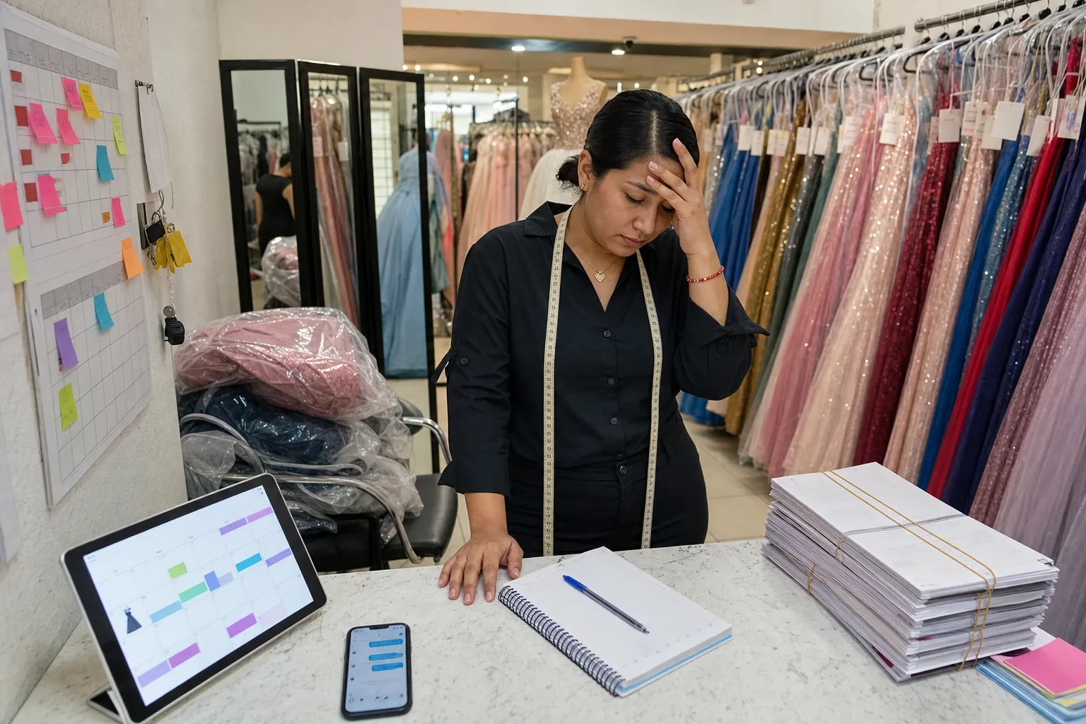 Encargada de una boutique de renta buscando en la libreta y en el calendario de la pared si el vestido azul está libre