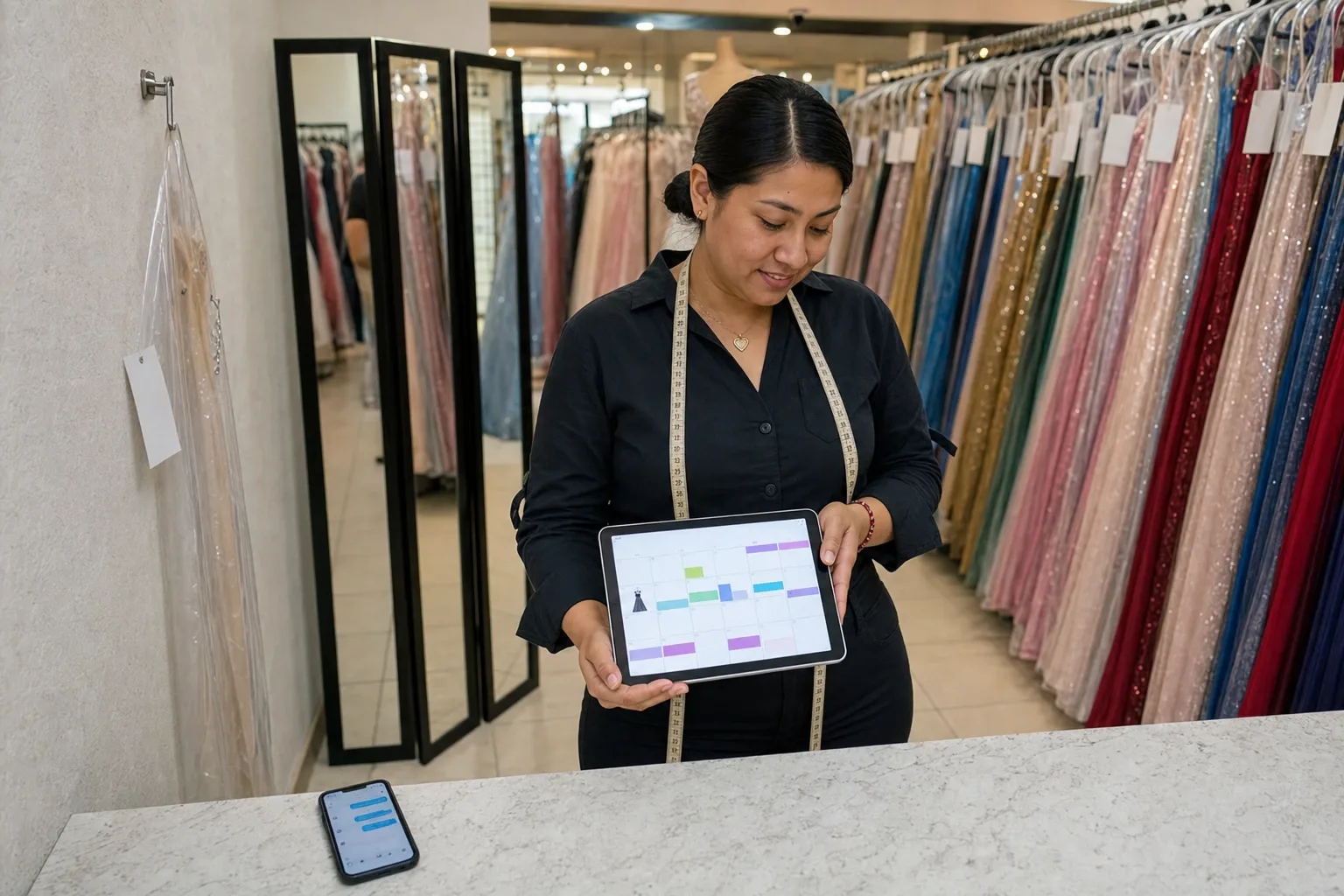 La misma encargada contestando desde la tablet, con el calendario del vestido azul en pantalla