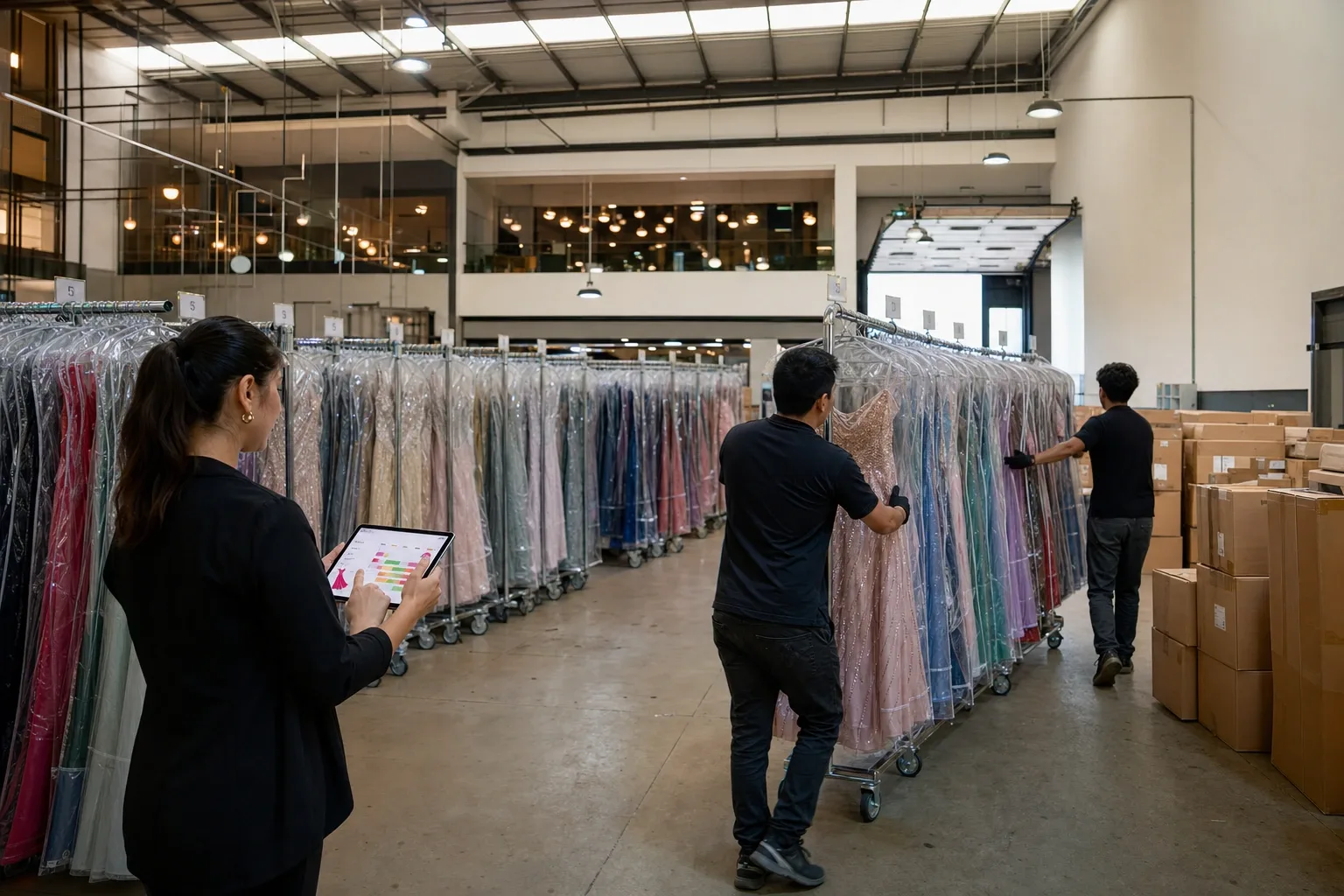 Taller central de una cadena de renta de vestidos con los rieles de pendientes por fecha y las fundas listas para salir a las sucursales