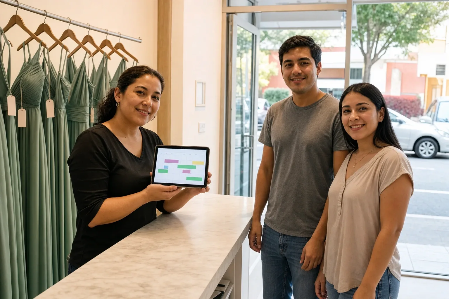 Vendedora mostrando en la tablet el calendario de un vestido con los días de entrega, fiesta, devolución y lavado