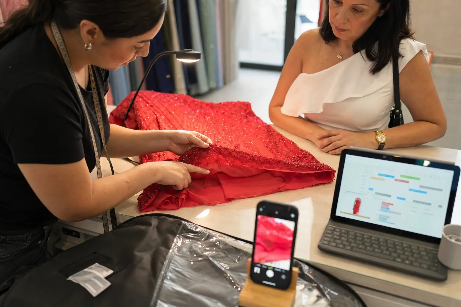Revisión de un vestido devuelto sobre el mostrador de una boutique de renta, con la foto de entrega en la tablet