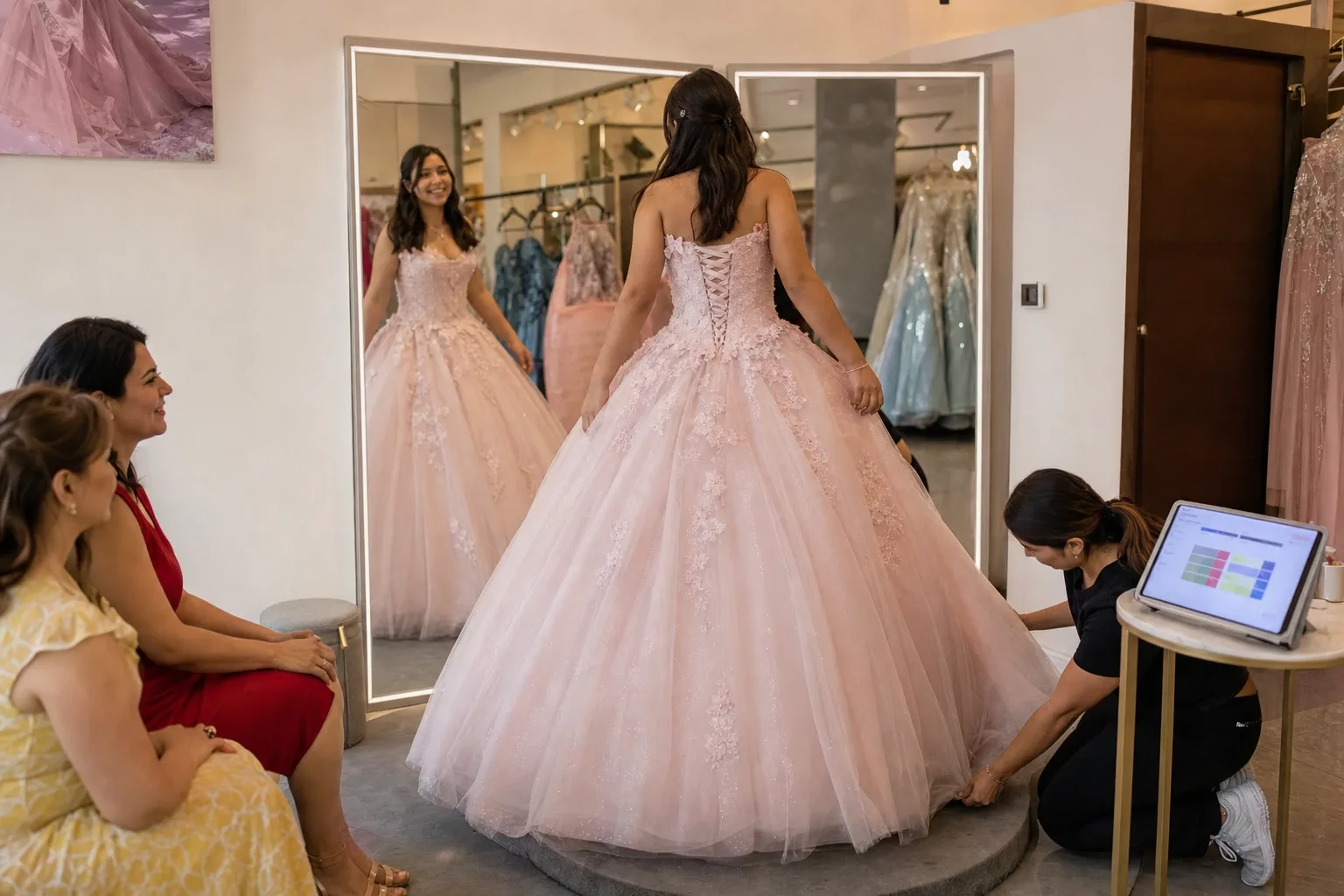 Entrega de un vestido en funda a una clienta el jueves, con la foto de salida en el celular