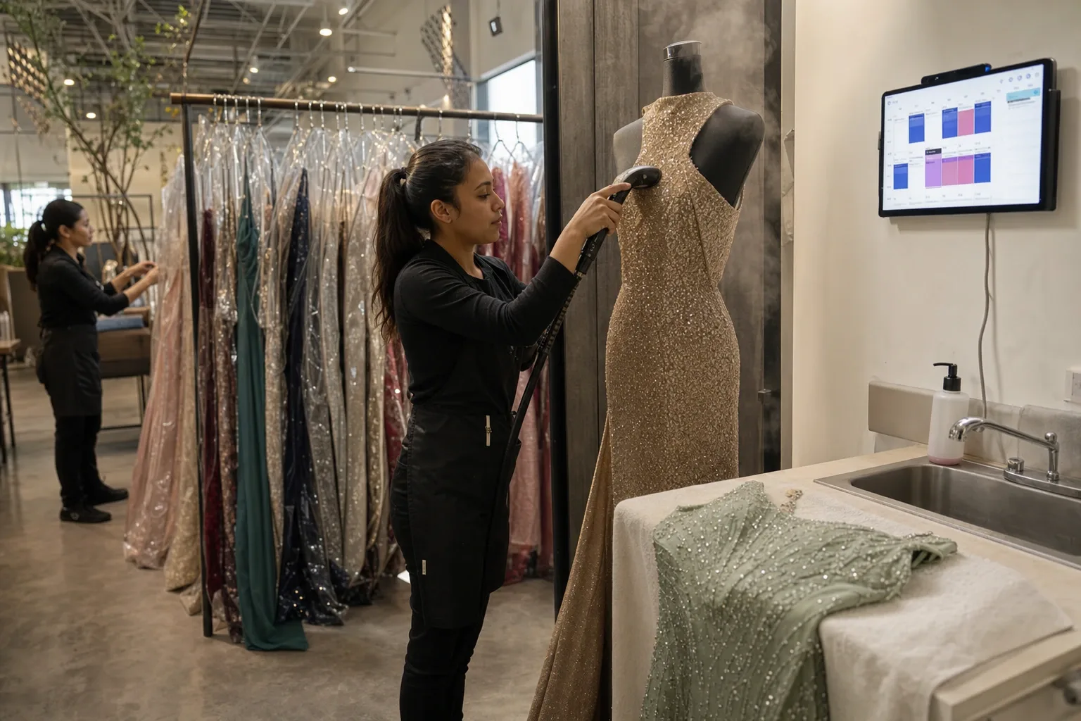 Vestidos volviendo del lavado en fundas, revisados antes de regresar al piso