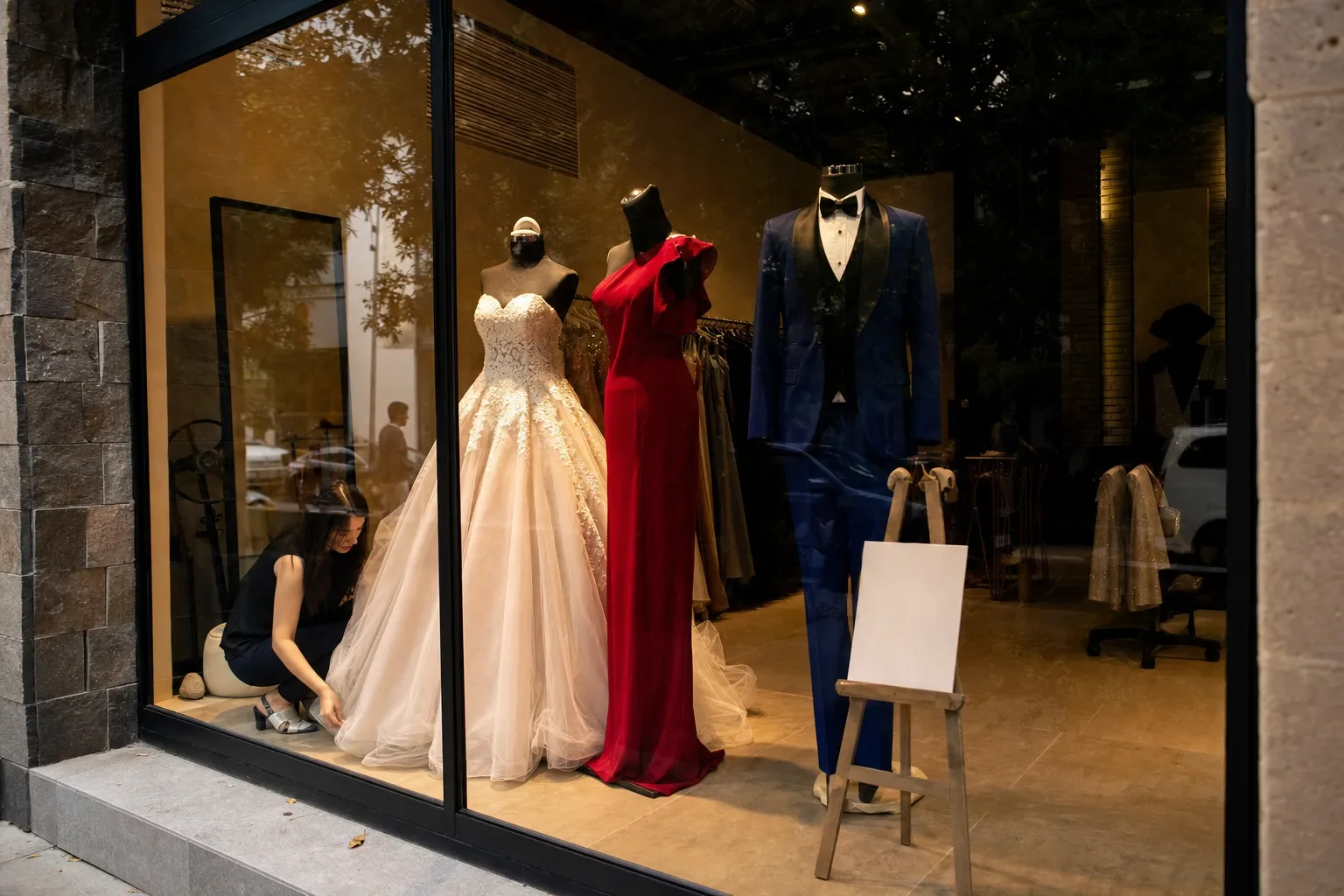 Aparador de una boutique de renta de vestidos con los modelos más pedidos de la temporada