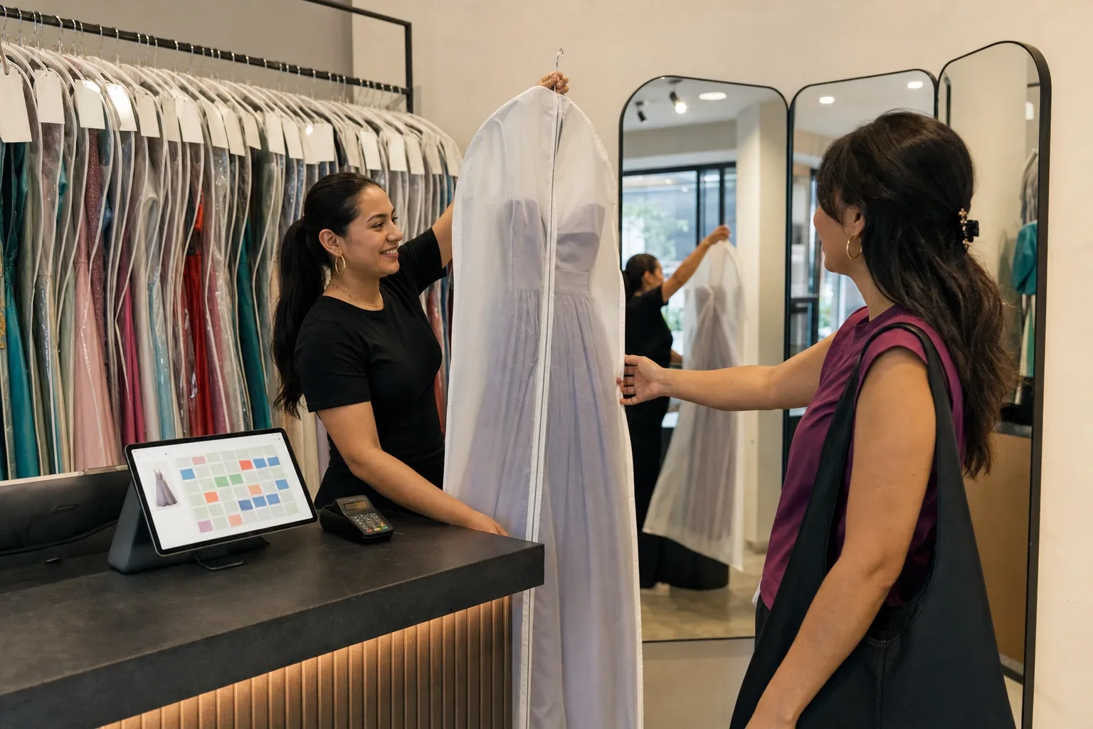 Mostrador de una boutique de renta con la tablet del calendario, la impresora del contrato y el cajón de depósitos
