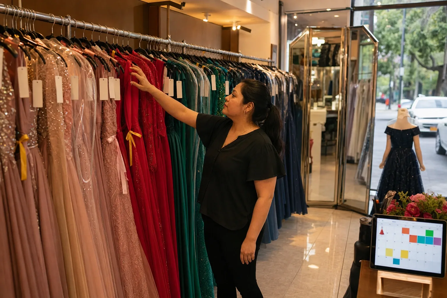 Rieles de vestidos de fiesta por color en una boutique de renta, con etiqueta numerada en cada gancho