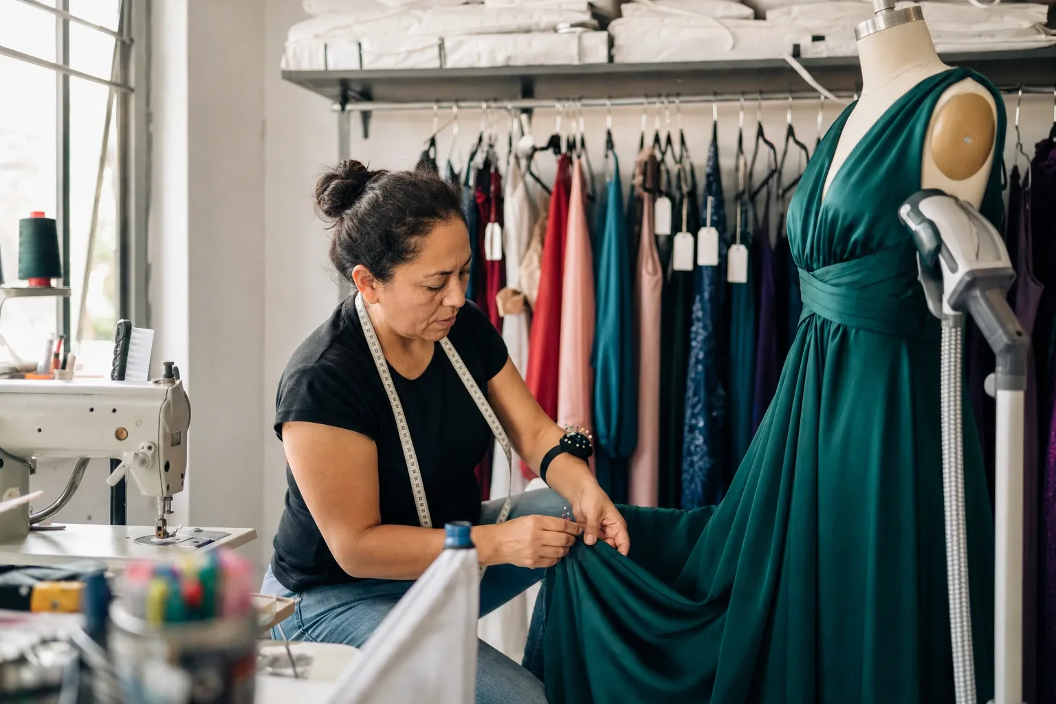 Taller de costura de una boutique de renta con el riel de pendientes por fecha y el vaporizador