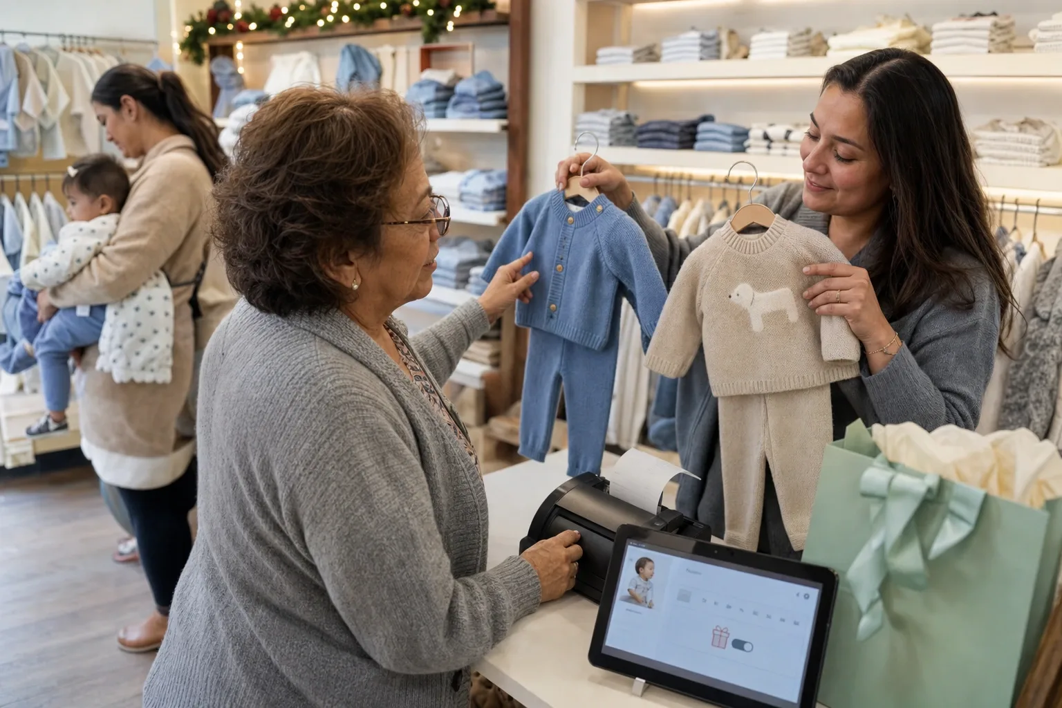 Tienda de ropa infantil llena en diciembre, con la abuela comprando un conjunto de fiesta y la mesa de envoltura al fondo