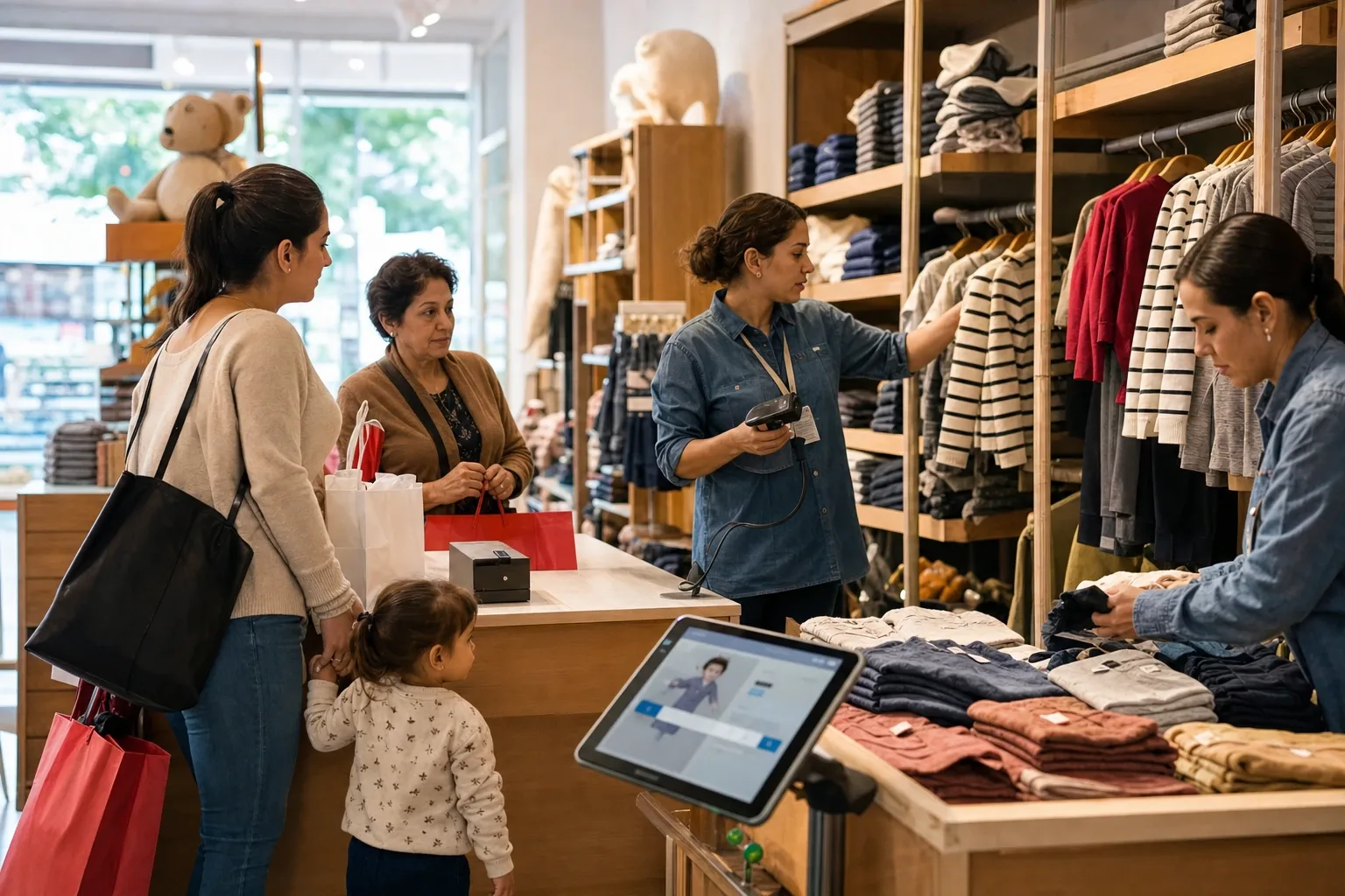 Mamá cambiando un conjunto de regalo por la talla siguiente en el mostrador de una tienda de ropa infantil