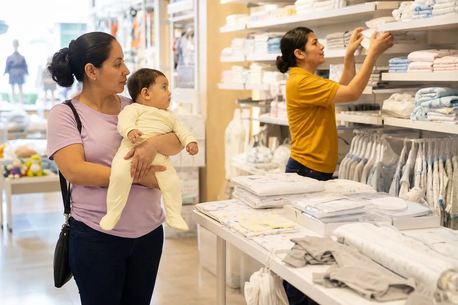 Sección de bebé de una tienda infantil: pañaleros en paquete, mamelucos en ganchitos y canastillas armadas