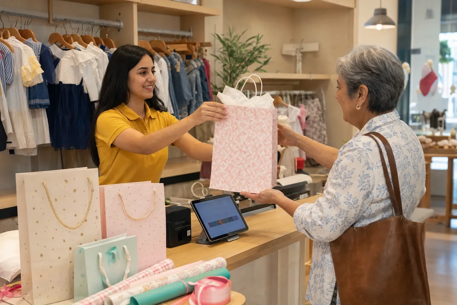Mostrador y mesa de envoltura de una tienda de ropa infantil, con la impresora del ticket de regalo