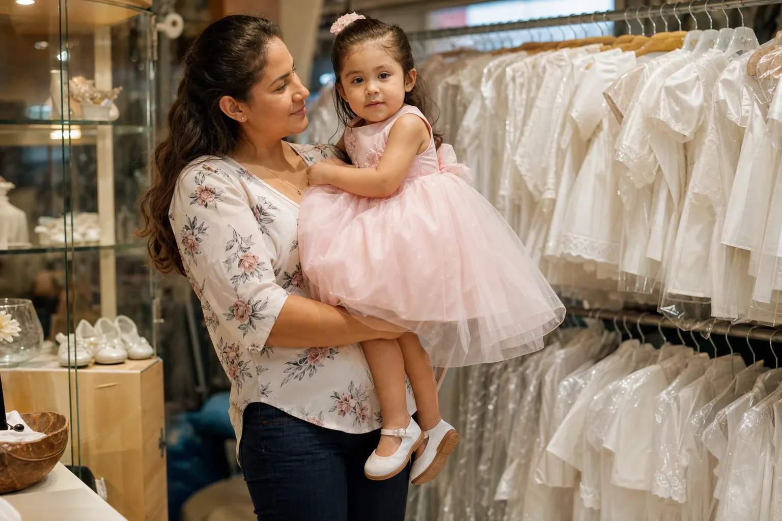 Vitrina de ocasión de una tienda infantil: ropones, vestidos de presentación y trajes de comunión en fundas