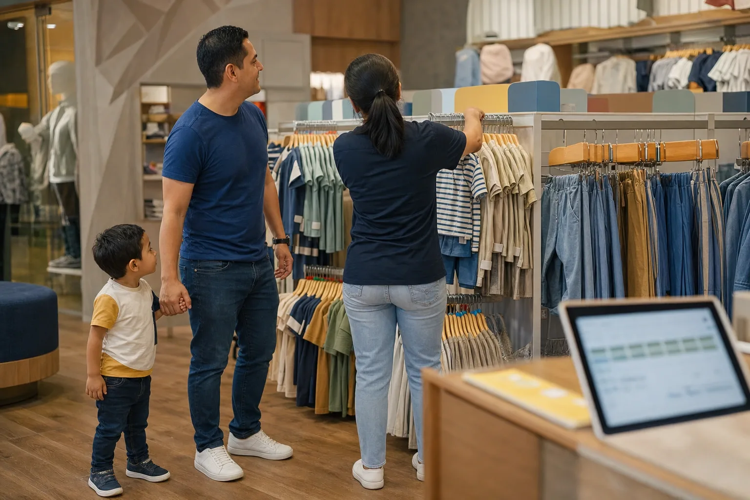 Piso de una tienda de ropa infantil con los racks por talla del 2 al 16 y los conjuntos colgados armados